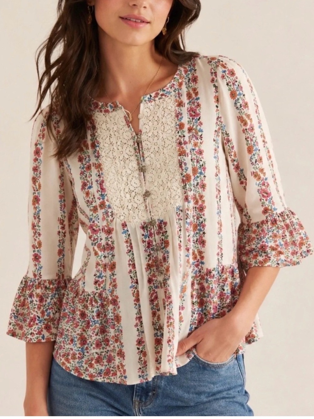 Maeve Anthropologie Floral Stripe Lace Bib Ruffle Blouse Size 2